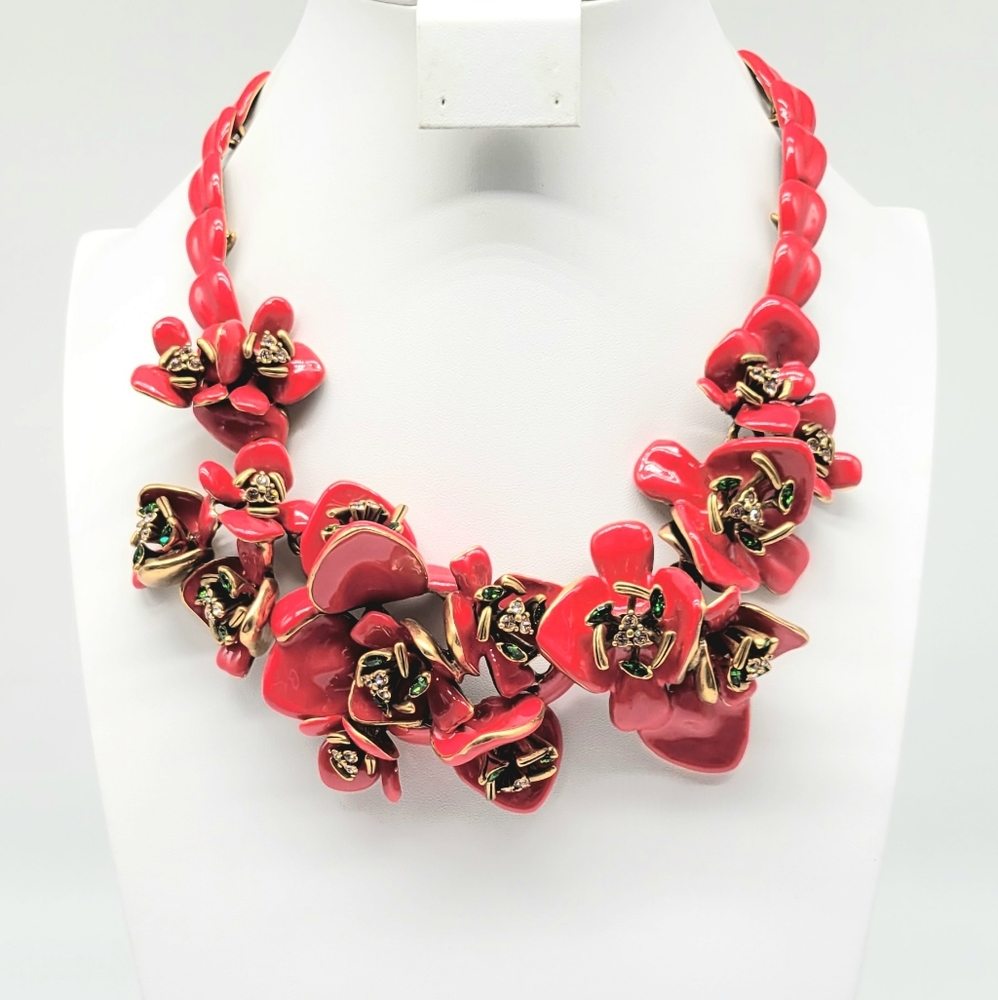 Oscar de la Renta COUTURE red enamel + Swarovski Crystal flower statement piece